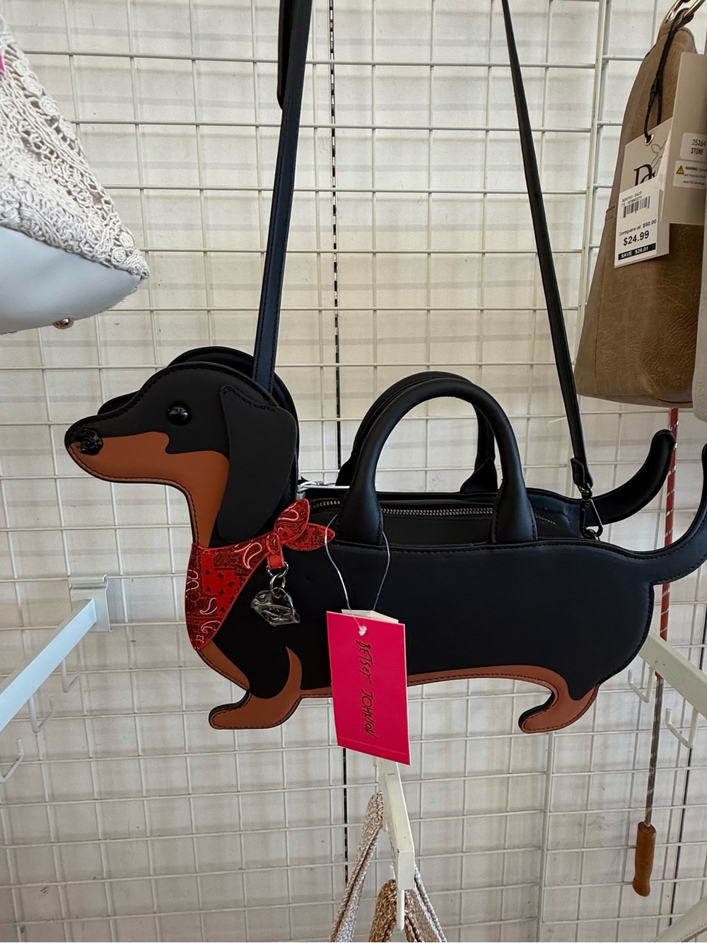 NEW VIRAL Betsey Johnson Black&Tan Dachshund Crossbody purse with Red Bandanna